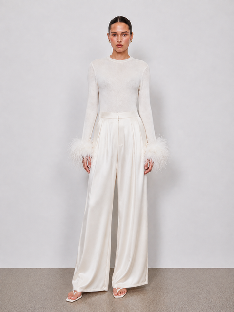 Amélie Detachable Feather-Cuff Knit Top in Ivory