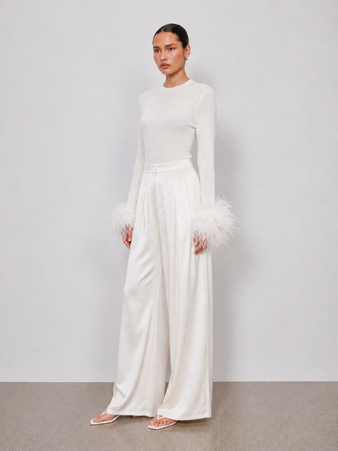 Amélie Detachable Feather-Cuff Knit Top in Ivory