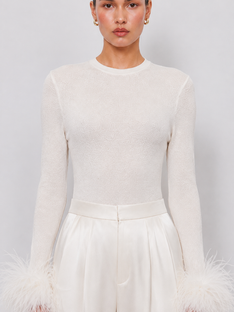 Amélie Detachable Feather-Cuff Knit Top in Ivory