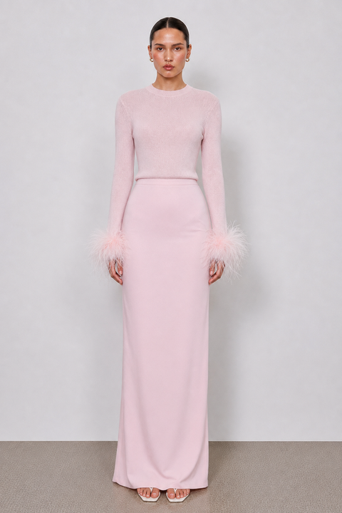 Amélie Detachable Feather-Cuff Knit Top in Pink
