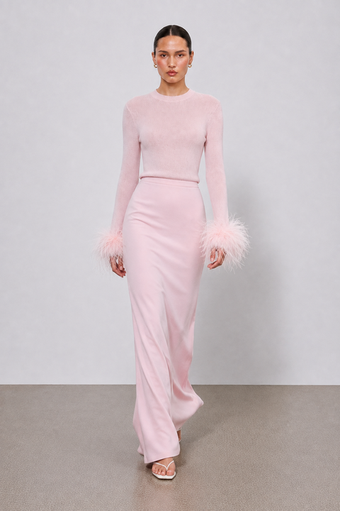 Amélie Detachable Feather-Cuff Knit Top in Pink