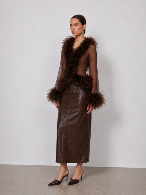 Rowana Long-Sleeve Feather Trim Top In Brown