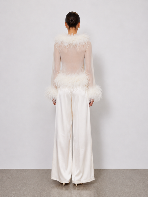Rowana Long-Sleeve Feather Trim Top In White