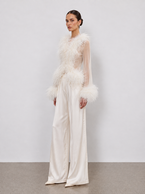 Rowana Long-Sleeve Feather Trim Top In White