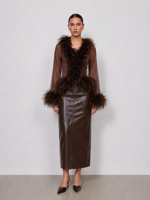 Rowana Long-Sleeve Feather Trim Top In Brown