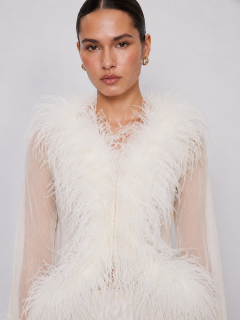 Rowana Long-Sleeve Feather Trim Top In White