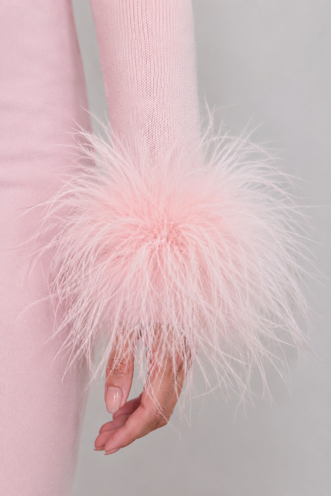 Amélie Detachable Feather-Cuff Knit Top in Pink