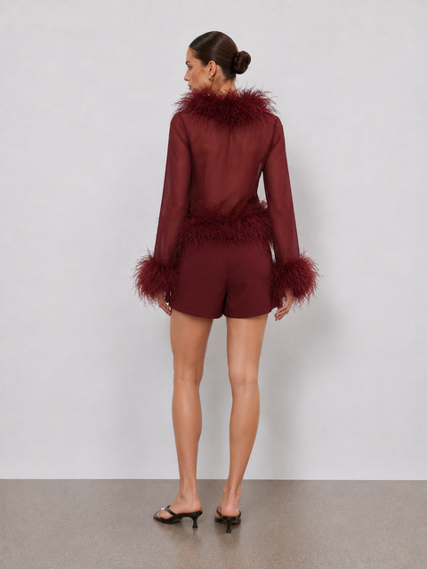 Rowana Long-Sleeve Feather Trim Top In Burgundy