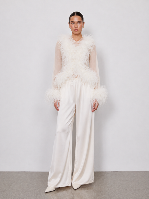 Rowana Long-Sleeve Feather Trim Top In White